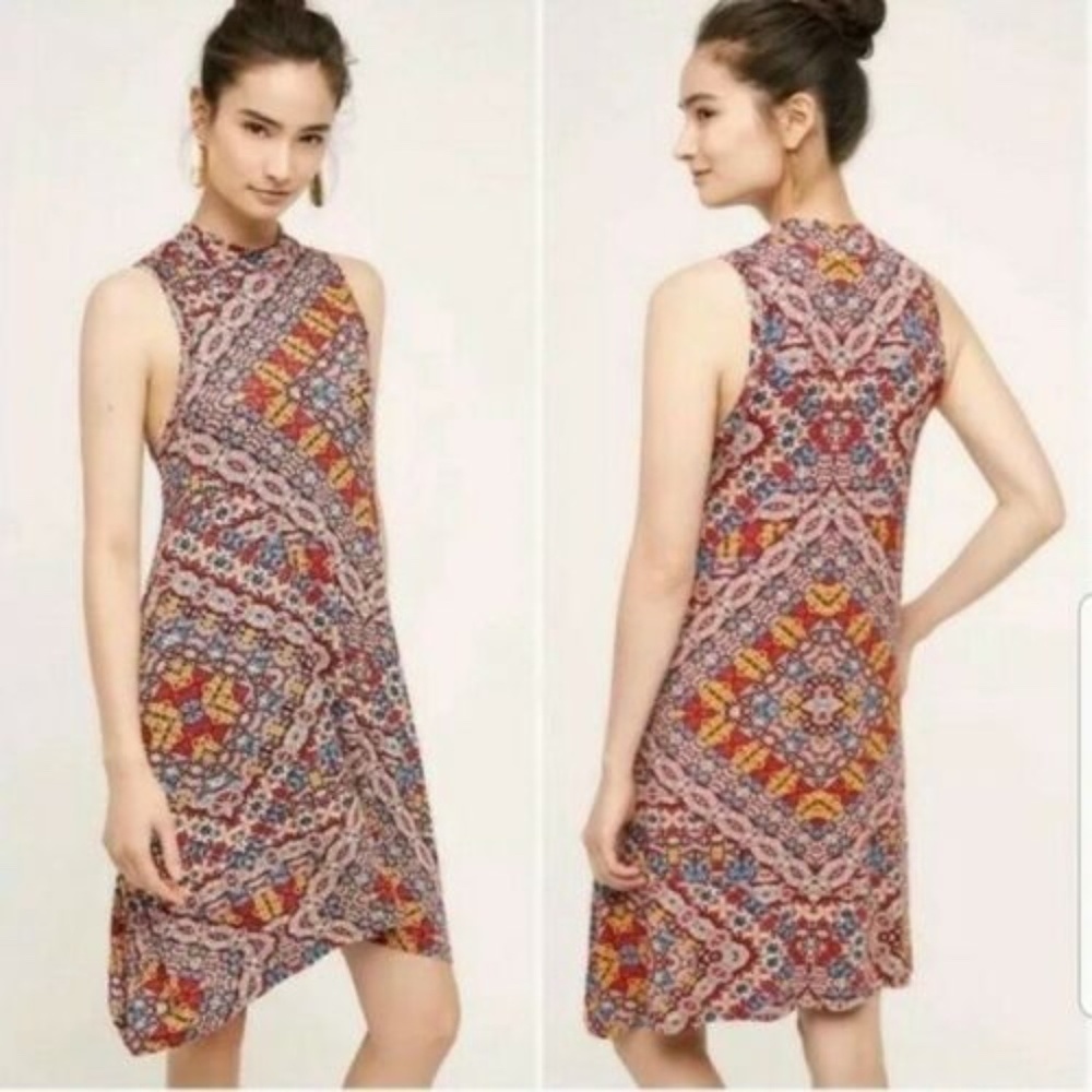 ANTHROPOLOGIE Maeve Red Yellow Geometric Mock Neck Shark Bite Dress Size Medium